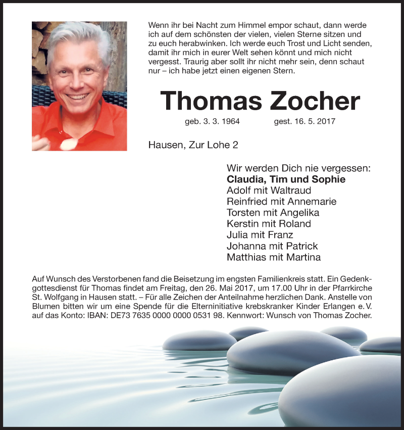  Traueranzeige für Thomas Zocher vom 20.05.2017 aus MGO