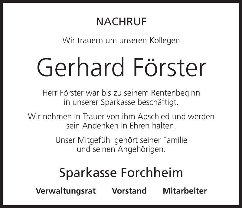  Traueranzeige für Gerhard Förster vom 13.06.2017 aus MGO