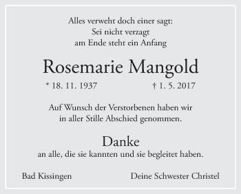 Anzeige von Rosemarie Mangold von MGO