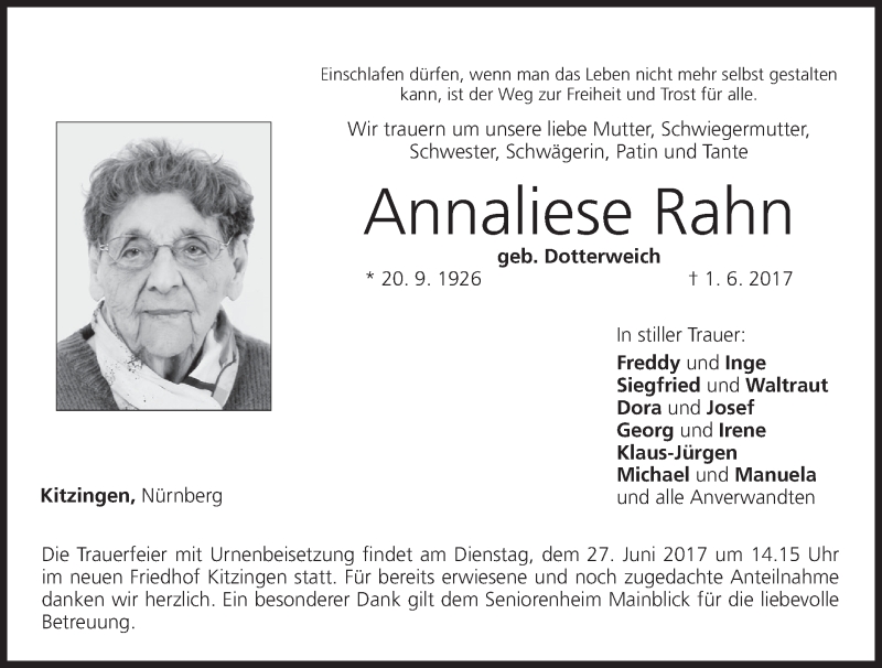  Traueranzeige für Annaliese Rahn vom 24.06.2017 aus MGO
