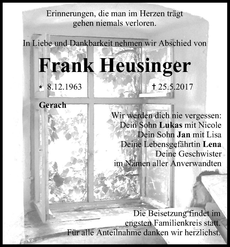  Traueranzeige für Frank Heusinger vom 03.06.2017 aus MGO