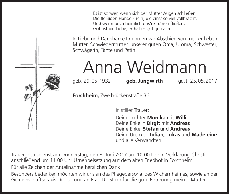  Traueranzeige für Anna Weidmann vom 03.06.2017 aus MGO