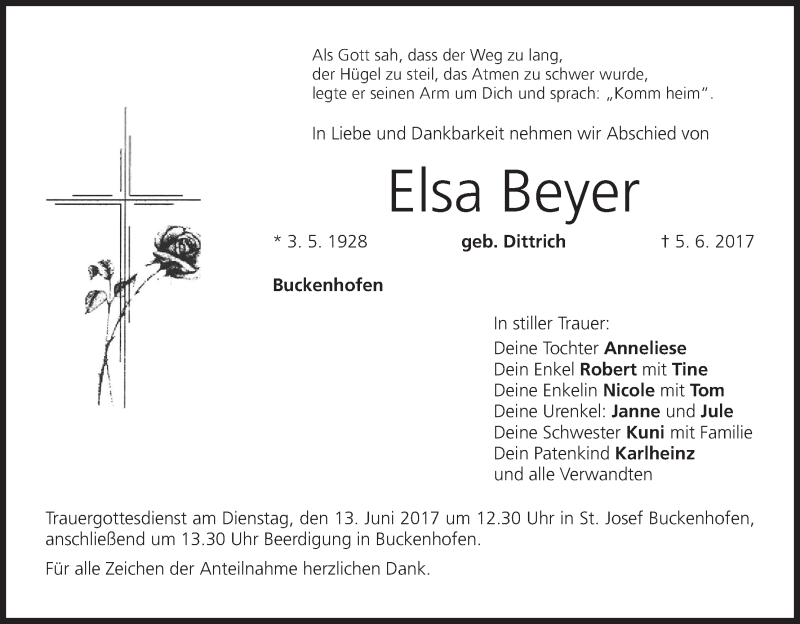  Traueranzeige für Elsa Beyer vom 10.06.2017 aus MGO