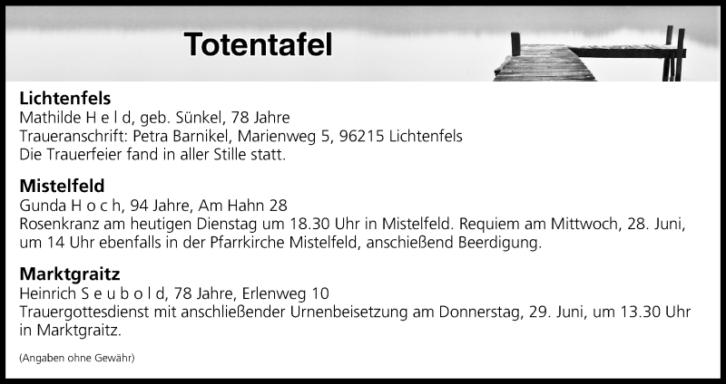  Traueranzeige für Totentafel vom 27.06.2017 vom 27.06.2017 aus MGO