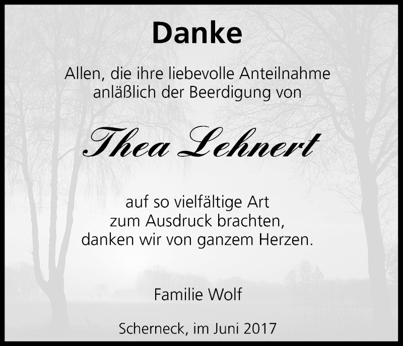  Traueranzeige für Thea Lehnert vom 10.06.2017 aus MGO