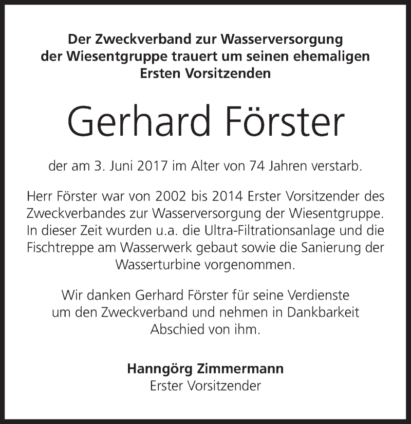  Traueranzeige für Gerhard Förster vom 10.06.2017 aus MGO