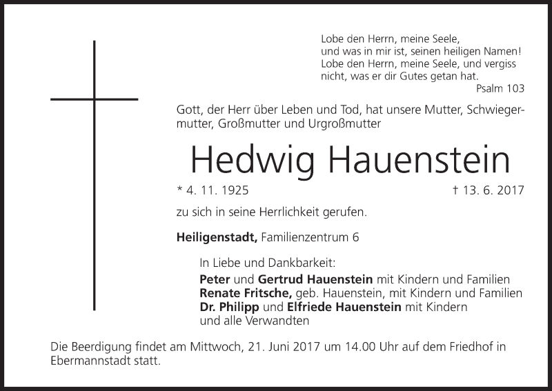  Traueranzeige für Hedwig Hauenstein vom 17.06.2017 aus MGO