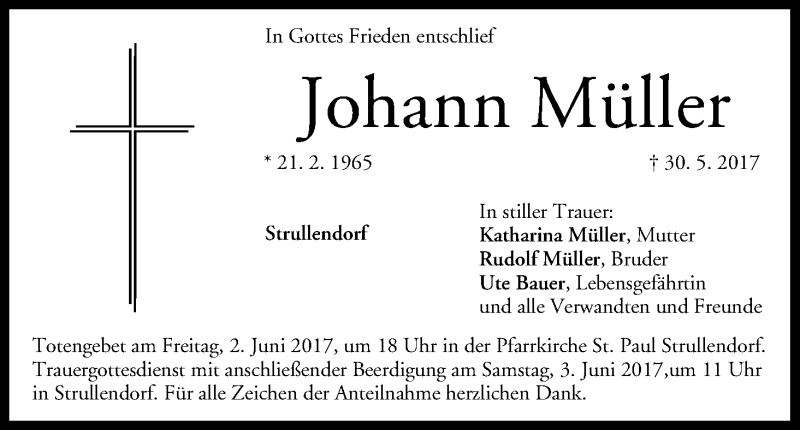  Traueranzeige für Johann Müller vom 02.06.2017 aus MGO
