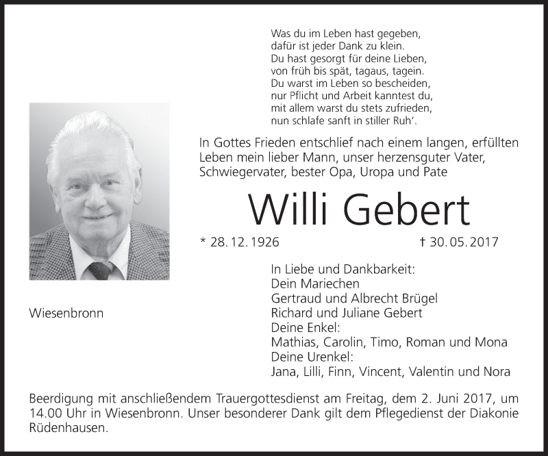  Traueranzeige für Willi Gebert vom 01.06.2017 aus MGO