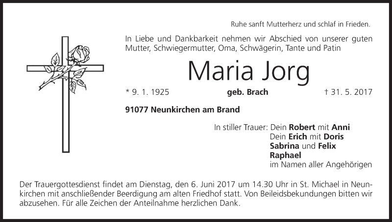  Traueranzeige für Maria Jorg vom 03.06.2017 aus MGO