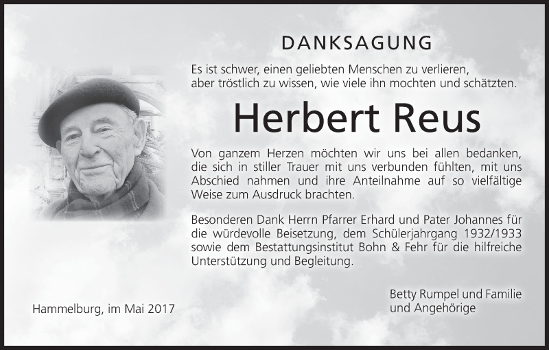  Traueranzeige für Herbert Reus vom 03.06.2017 aus MGO