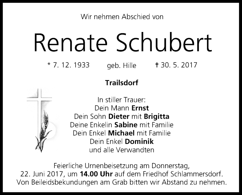  Traueranzeige für Renate Schubert vom 19.06.2017 aus MGO