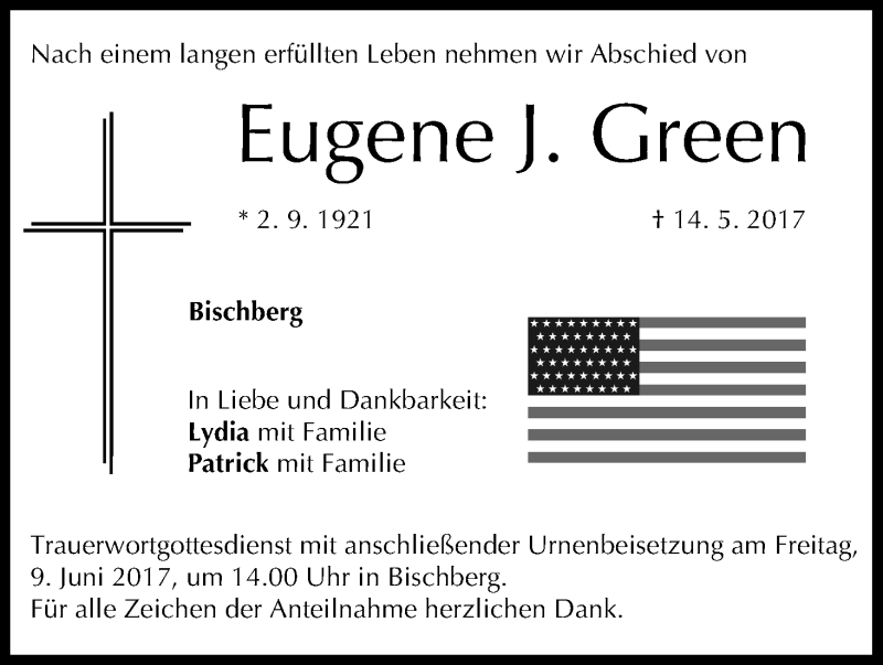  Traueranzeige für Eugene J. Green vom 03.06.2017 aus MGO