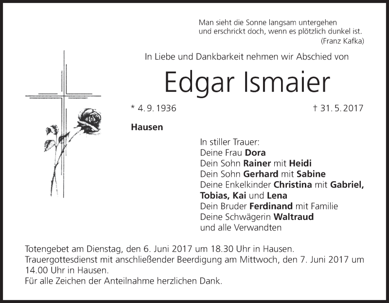  Traueranzeige für Edgar Ismaier vom 03.06.2017 aus MGO
