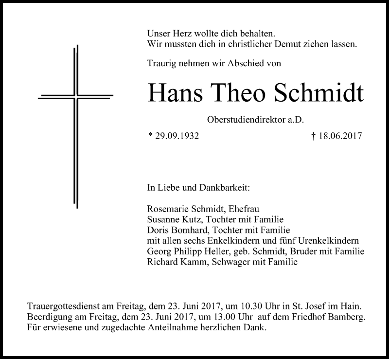  Traueranzeige für Hans Theo Schmidt vom 21.06.2017 aus MGO