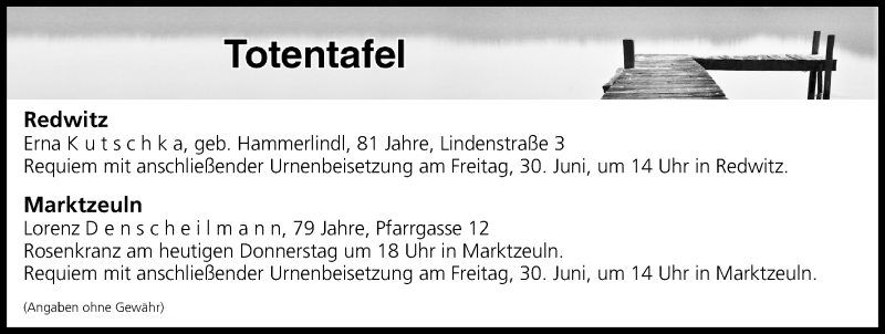  Traueranzeige für Totentafel vom 29.06.2017 vom 29.06.2017 aus MGO