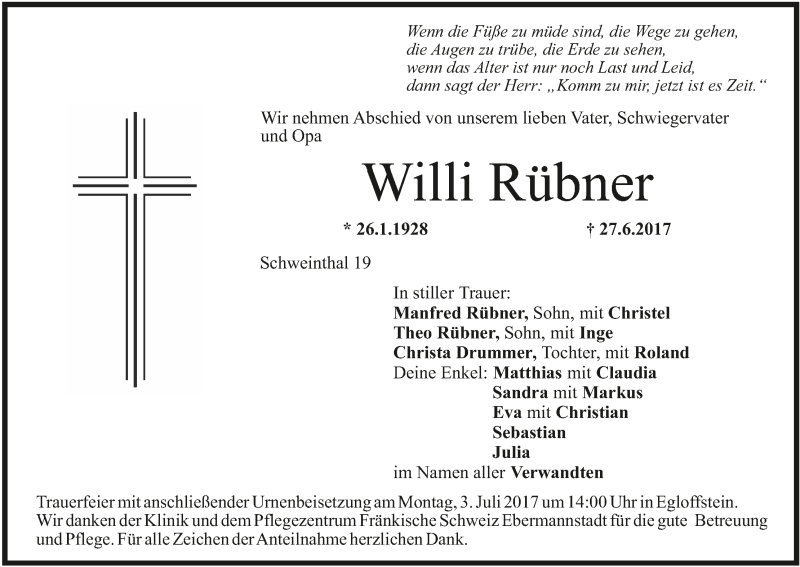  Traueranzeige für Willi Rübner vom 30.06.2017 aus MGO