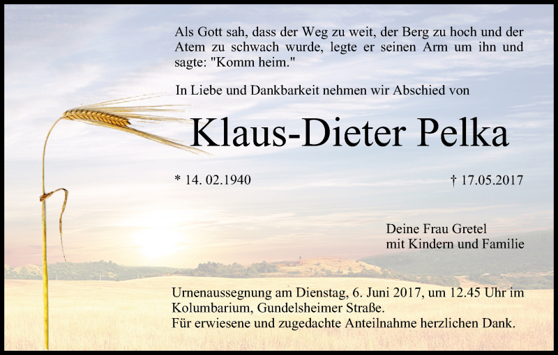  Traueranzeige für Klaus-Dieter Pelka vom 03.06.2017 aus MGO