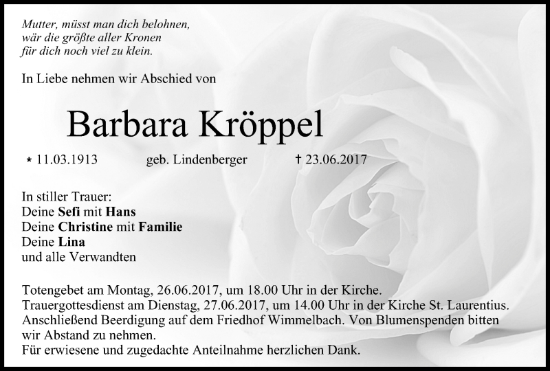  Traueranzeige für Barbara Kröppel vom 24.06.2017 aus MGO
