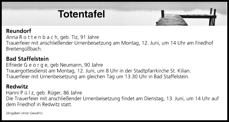  Traueranzeige für Totentafel vom 10.06.2017 vom 10.06.2017 aus MGO