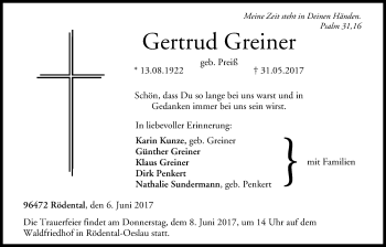 Anzeige von Gertrud Greiner von MGO