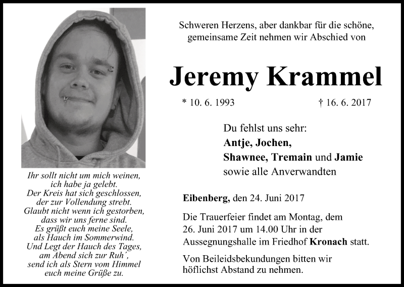  Traueranzeige für Jeremy Krammel vom 24.06.2017 aus MGO