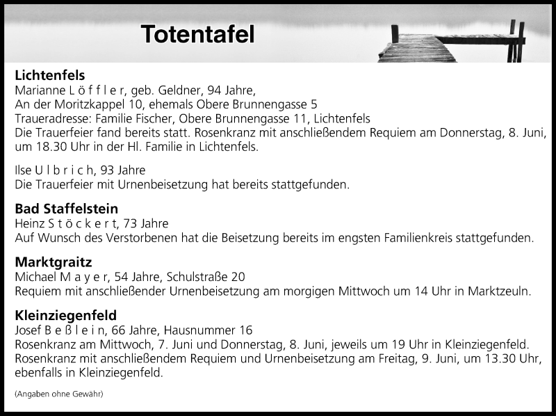  Traueranzeige für Totentafel vom 07.06.2017 vom 07.06.2017 aus MGO