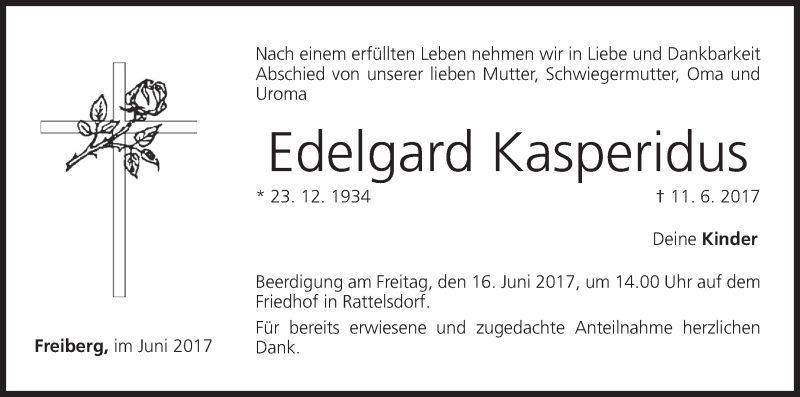  Traueranzeige für Edelgard Kasperidus vom 15.06.2017 aus MGO