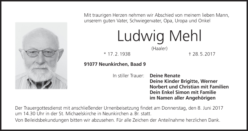  Traueranzeige für Ludwig Mehl vom 07.06.2017 aus MGO