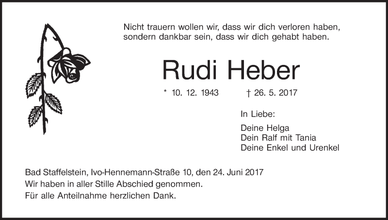  Traueranzeige für Rudi Heber vom 24.06.2017 aus MGO