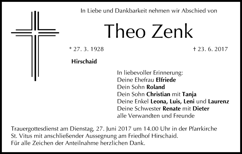  Traueranzeige für Theo Zenk vom 26.06.2017 aus MGO
