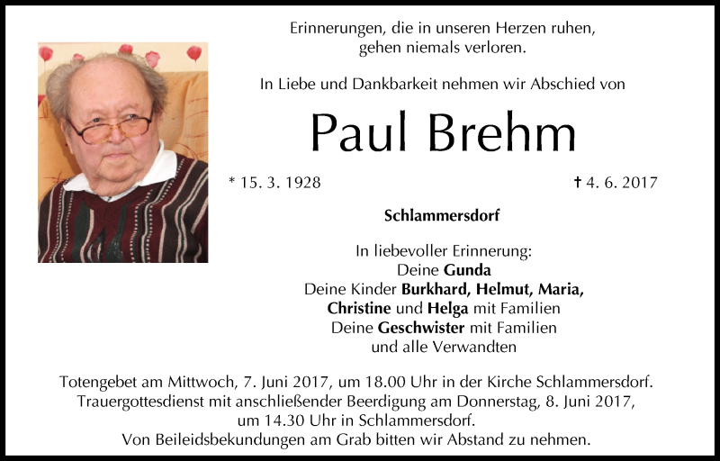  Traueranzeige für Paul Brehm vom 06.06.2017 aus MGO