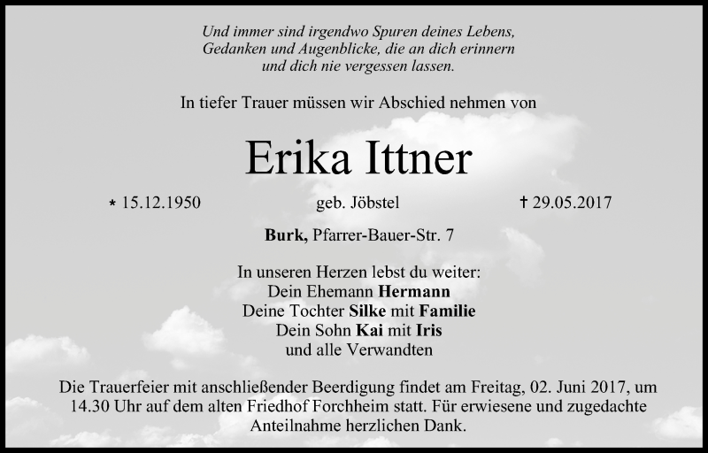  Traueranzeige für Erika Ittner vom 01.06.2017 aus MGO