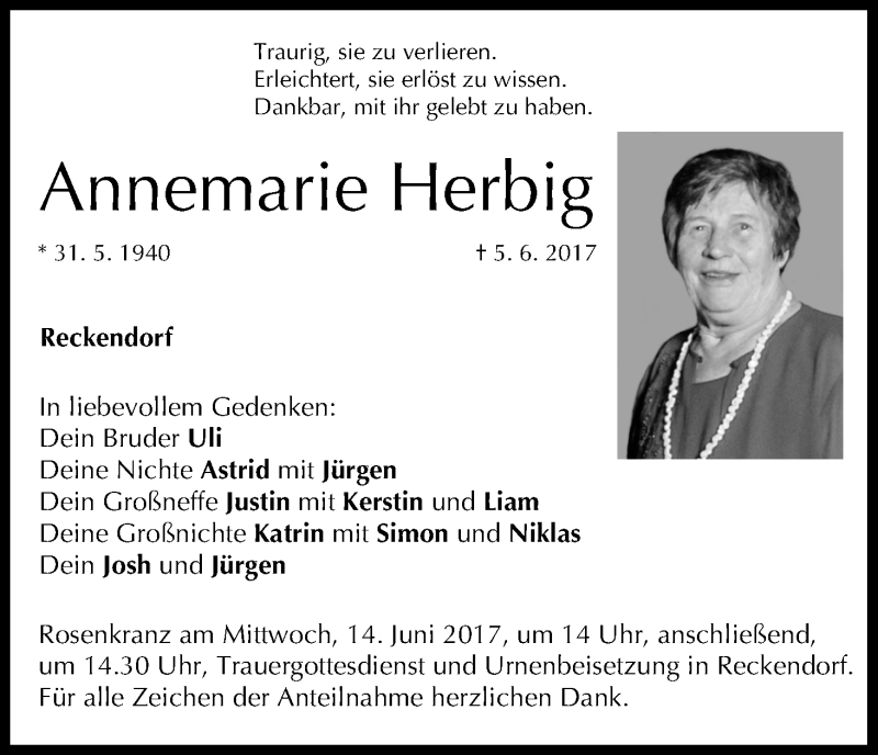  Traueranzeige für Annemarie Herbig vom 10.06.2017 aus MGO