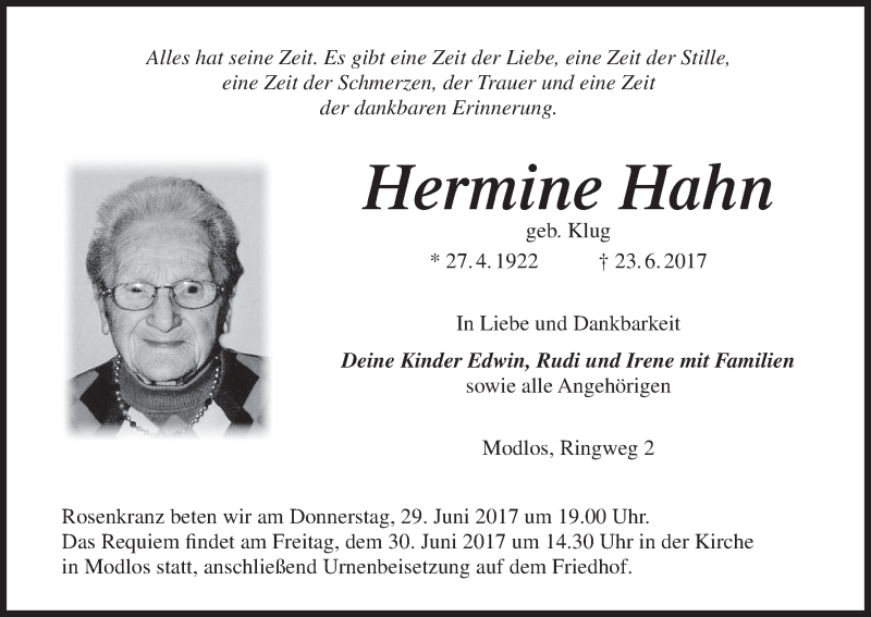  Traueranzeige für Hermine Hahn vom 28.06.2017 aus MGO