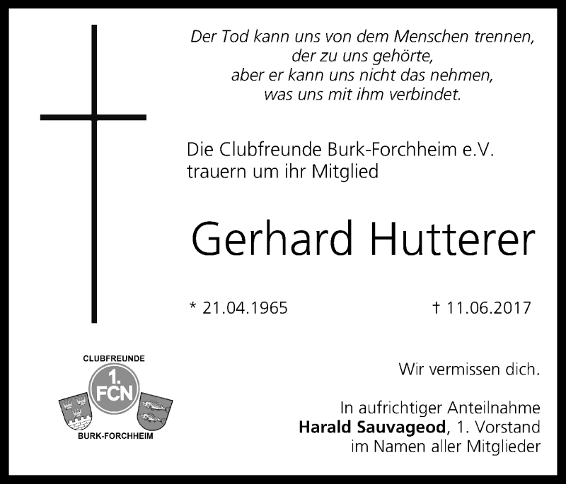  Traueranzeige für Gerhard Hutterer vom 23.06.2017 aus MGO