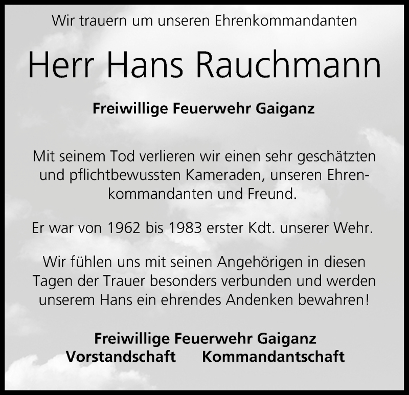  Traueranzeige für Hans Rauchmann vom 17.06.2017 aus MGO