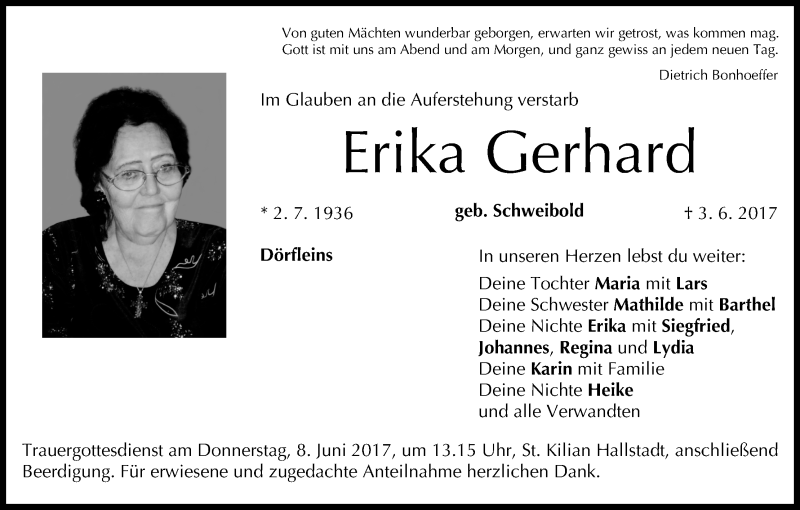  Traueranzeige für Erika Gerhard vom 06.06.2017 aus MGO