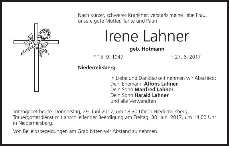  Traueranzeige für Irene Lahner vom 29.06.2017 aus MGO