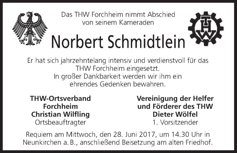  Traueranzeige für Norbert Schmidtlein vom 28.06.2017 aus MGO