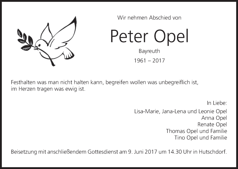  Traueranzeige für Peter Opel vom 08.06.2017 aus MGO