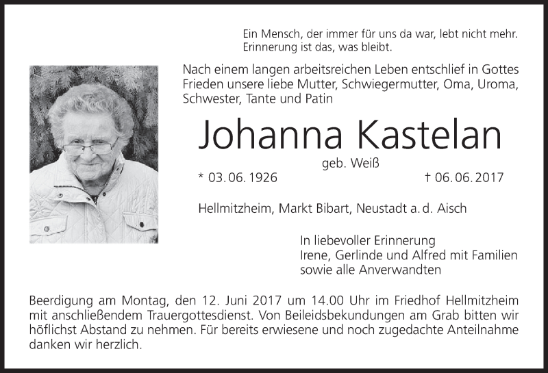  Traueranzeige für Johanna Kastelan vom 08.06.2017 aus MGO
