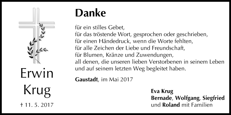  Traueranzeige für Erwin Krug vom 03.06.2017 aus MGO