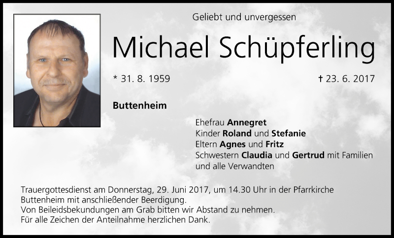  Traueranzeige für Michael Schüpferling vom 26.06.2017 aus MGO