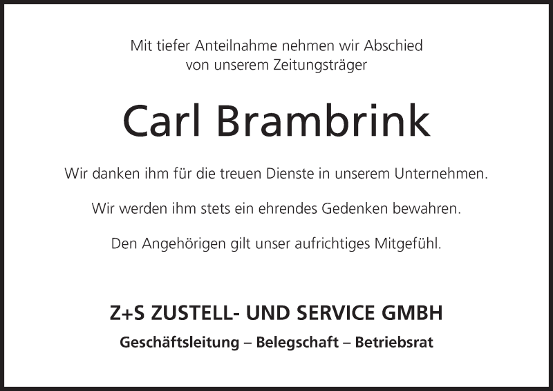  Traueranzeige für Carl Brambrink vom 26.06.2017 aus MGO