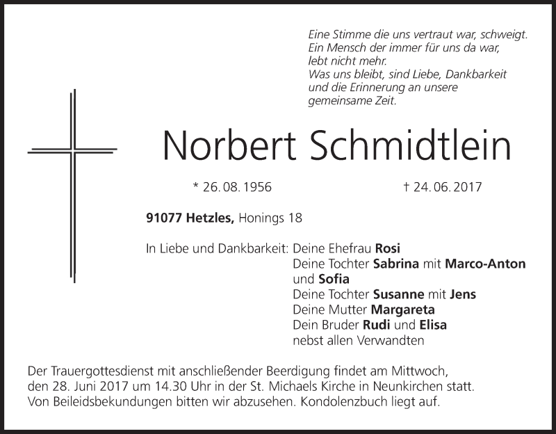  Traueranzeige für Norbert Schmidtlein vom 27.06.2017 aus MGO