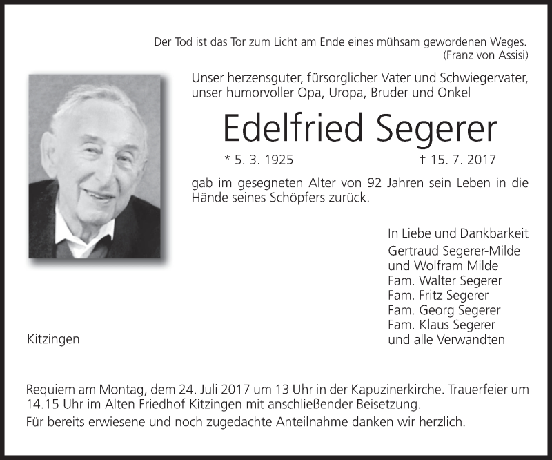  Traueranzeige für Edelfried Segerer vom 20.07.2017 aus MGO