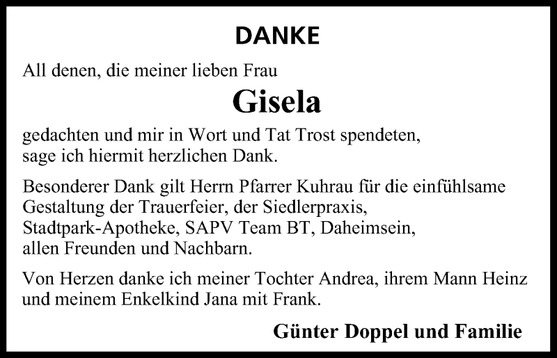  Traueranzeige für Gisela Doppel vom 13.07.2017 aus MGO