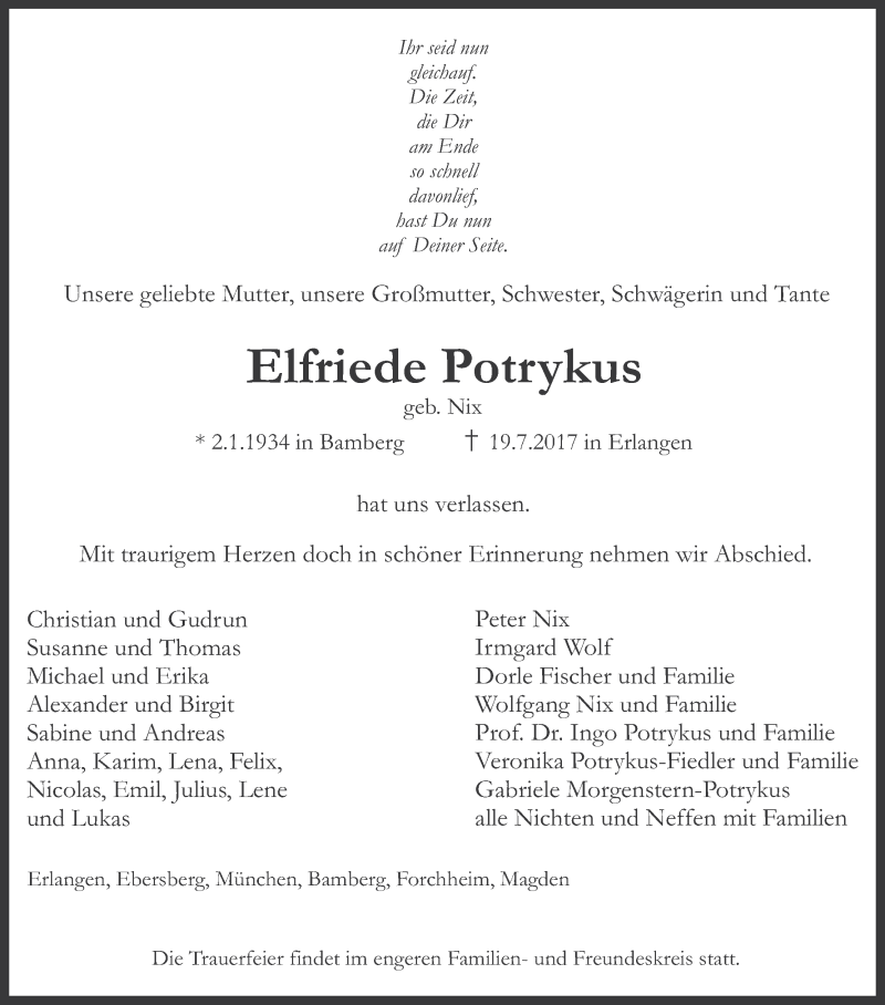  Traueranzeige für Elfriede Potrykus vom 22.07.2017 aus MGO