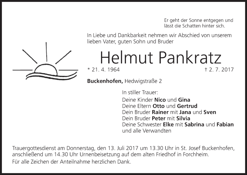  Traueranzeige für Helmut Pankratz vom 08.07.2017 aus MGO